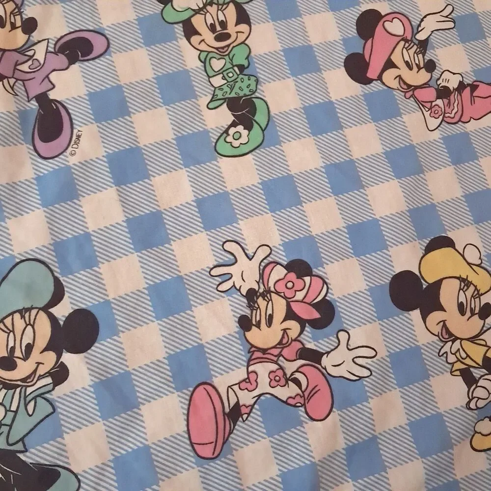Disney Minnie Mouse twin flat sheet gingham plaid blue white fashion cotton 90s